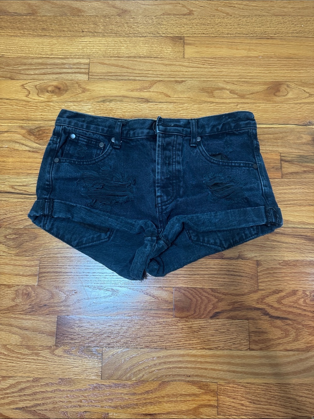 Tobi Black Distressed Rolled-Hem Denim Shorts
